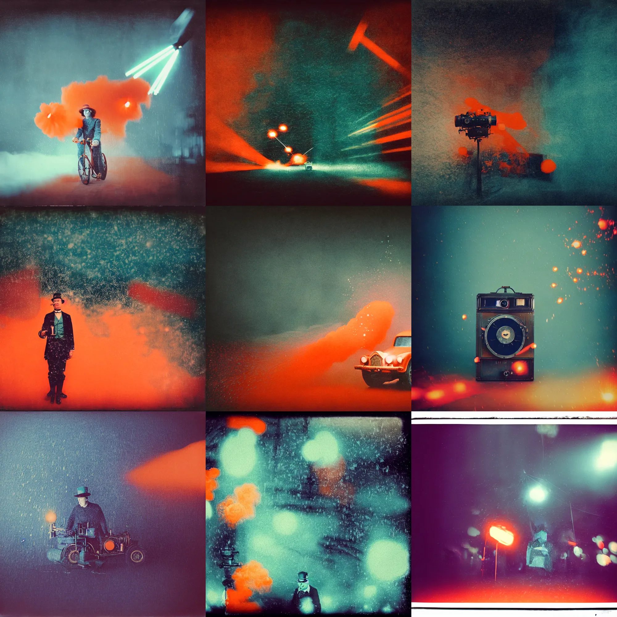 Prompt: kodak portra 4 0 0, wetplate, muted colours, blueberry and orange and teal, movie clockwerk orange, 1 9 1 0 s style, motion blur, portrait photo of a backdrop, explosions, rockets, bombs, sparkling, snow, fog, by georges melies and by britt marling