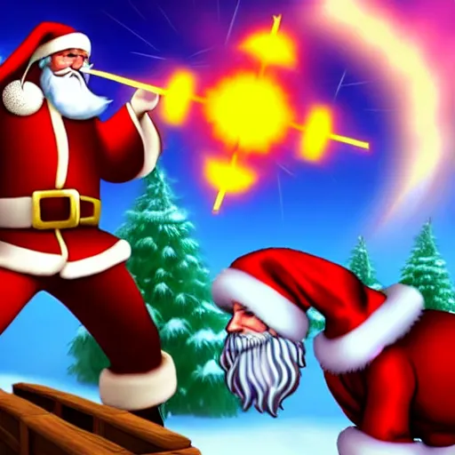 Prompt: Santa Claus vs. Jesus in an epic battle, super stylized, super bloody, a battle royale to the death