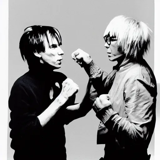 Image similar to andy warhol punching andy warhol, art by andy warhol