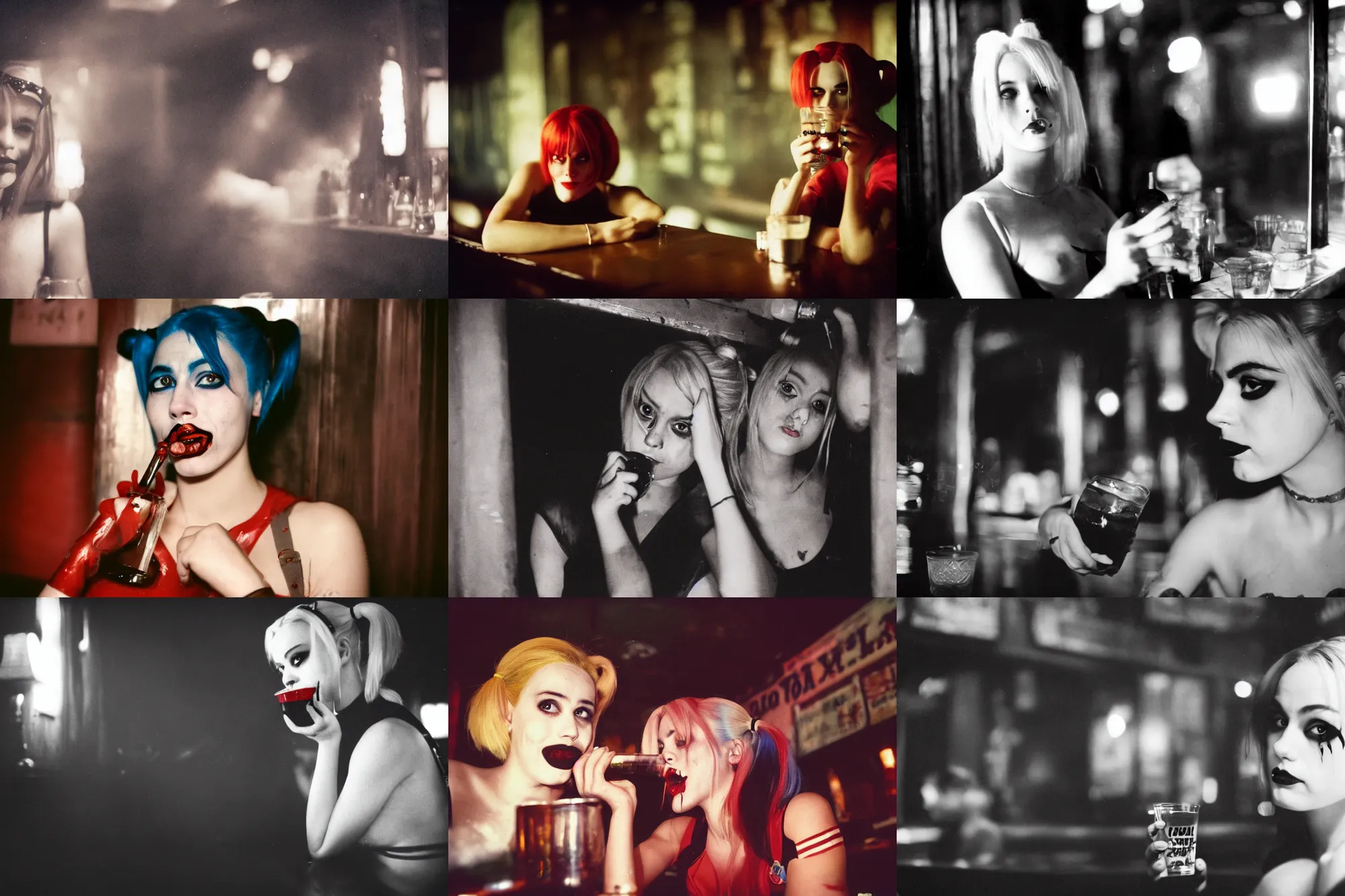 Prompt: A sad Harley Quinn drinking in a smokey darkly lit old bar, looking at you, candid photo, soft light, kodakchrome, 50 mm lens