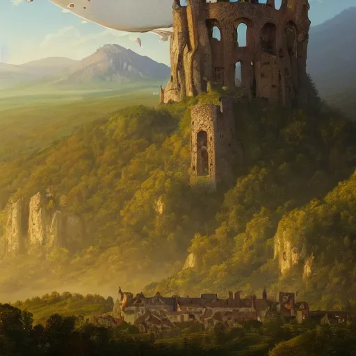 Image similar to Vast verdant valley surrounded by Transylvanian mountains, with a large zeppelin hovering in the foreground, and a ruined medieval castle on the hillside in the background. No villages. Late evening light in the summer, gloomy weather. Hyperrealistic, high quality, sharp, highly detailed, peter mohrbacher,.