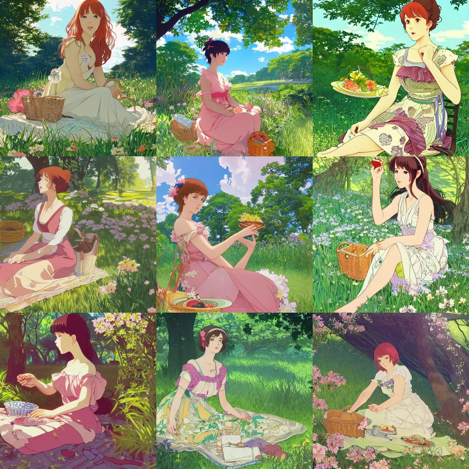 Prompt: Portrait of a woman wearing a sundress having a picnic in a lush park, highly detailed, artstation, concept art, official Kyoto Animation and Studio Ghibli anime screenshot, by Ilya Kuvshinov and Alphonse Mucha