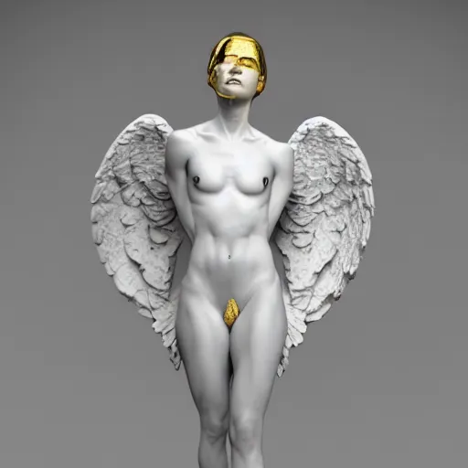 Image similar to a statue made of white marble with gold veins, of an beautiful angel girl, full body shot, perfect symmetrical body, perfect symmetrical face, no eyes, hyper realistic, hyper detailed, fujicolor superia 1 6 0 0 photo, by peter kemp, by monia merlo octane render, blender, 8 k