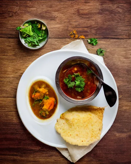 Image similar to A photo of Albert Einstein eating Idli Sambar, highly detailed, trending on artstation, bokeh, 90mm, f/1.4