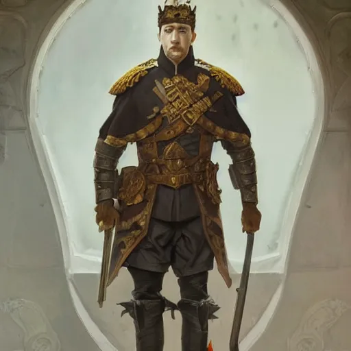 Image similar to portrait of stoic king john oliver, full body, military uniform, muscular, fantasy, intricate, elegant, beautiful, highly detailed, centered, dark, smokey, digital painting, artstation, concept art, smooth, sharp focus, illustration, art by artgerm and greg rutkowski and alphonse mucha