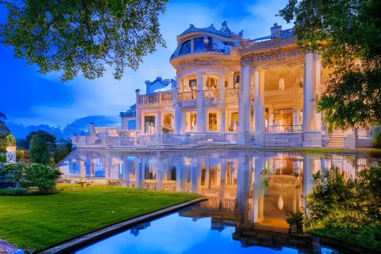 Image similar to photo of beatiful mansion with a beatiful reflective pool, a colorful plane is flying above the clouds, night, intrictave, 8k highly professionally detailed, HDR, Gcsociety