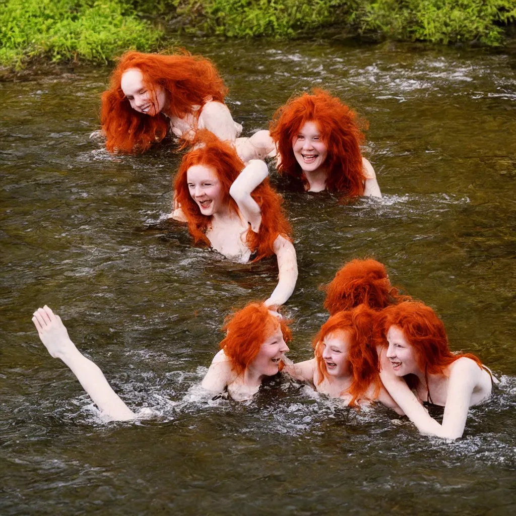 Prompt: lovely 7 0's 1 6 mm photograph of two long haired redhead women having fun swimming in a creek, golden hour, soft light, sun reflecting off of the water, 4 k