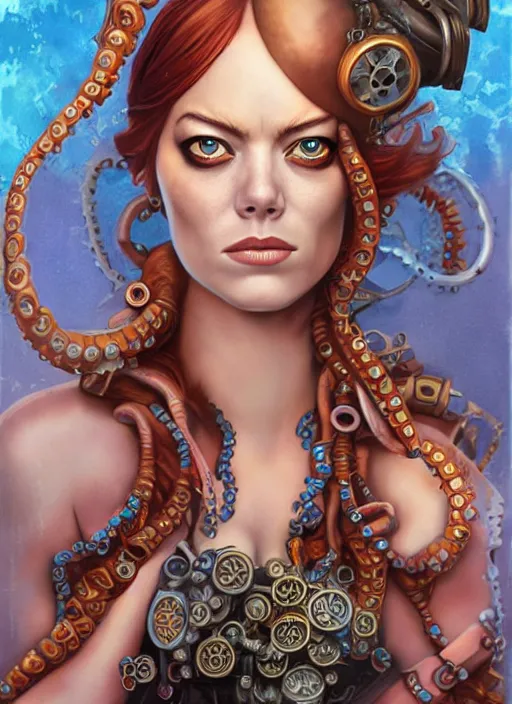 Image similar to steampunk pirate portrait of emma stone, underwater, octopus, pixar style, by tristan eaton stanley artgerm and tom bagshaw.