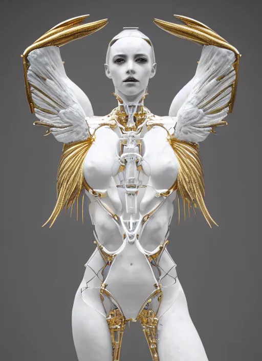 Image similar to a statue made of white marble with gold veins, of an gorgeous futuristic cybernetic angel girl, prostheses, transhumanism, full body shot, perfect symmetrical body, perfect symmetrical face, hyper realistic, hyper detailed, by johannen voss, by peter kemp, by monia merlo, by michelangelo, octane render, blender, 8 k