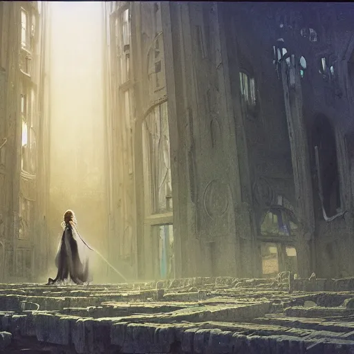 Image similar to a portrait of a young woman wearing a long dark cloak, performing on an various esoteric looking electronic music devices and an enormous modular synthesizer rig amidst the ruins of deserted and decaying city, oil painting, matte painting, Volumetric Golden dappled dynamic lighting, Highly Detailed, Cinematic Lighting, Unreal Engine, 8k, HD, by Beksinski