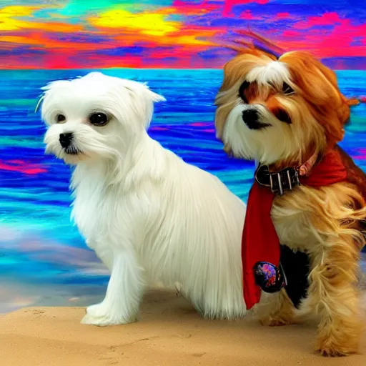 Prompt: maltese dog and calico cat on a cyberpunk beach