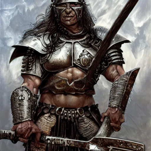 Image similar to a photorealistic painting of Conan the slayer , in a horned helmet and ironpunk death metal armor, wielding an axe, extremely muscular male fantasy hero, extremely detailed, mixed media style comic book artwork, artstation, medieval fantasy art, sharp focus, perfectly symmetrical facial features, melancholy lighting, art by Barry Windsor-Smith and Bill Sienkiewicz , hyperrealism, golden ratio, hyperdetailed, heavily detailed and intricate