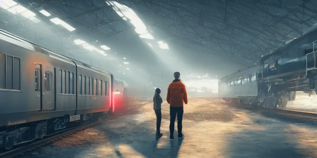 Prompt: young couple sitting in the train wagon, view from the side, stunning volumetric lighting, sundown, trending on Artstation, 8k, photorealistic, hyper detailed, unreal engine 5, cinematic, epic lighting, cryengine, octane render, cyberpunk, red and orange glow