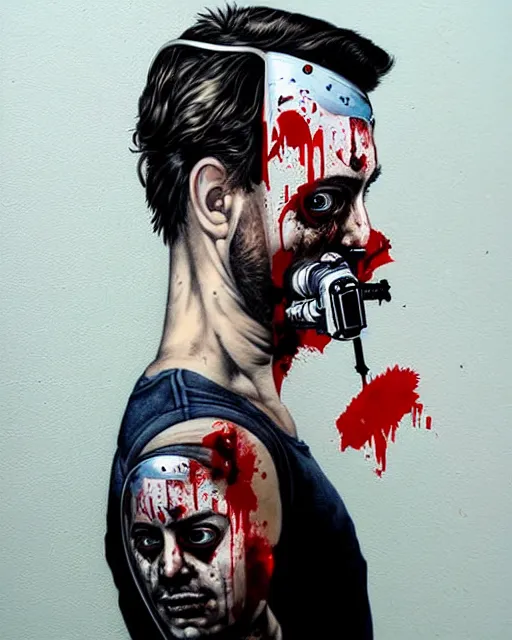 Image similar to portrait of a man wearing oxygen mask, has a sword, blood, a pistol with sea background intricate details with horror side profile by Sandra Chevrier