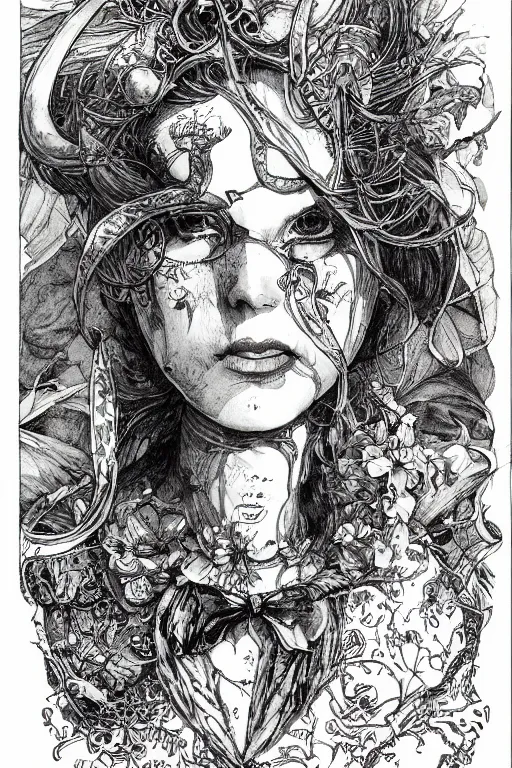 Image similar to portrait Alice in wonderland tarot card , pen and ink, intricate line drawings, by Yoshitaka Amano, Ruan Jia, Kentaro Miura, Artgerm, watercolor