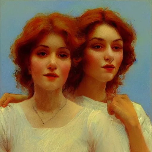 Prompt: two beautiful women in love, leaning in, vertical symmetry, warm colors, vintage shading, by Ilya Repin, artstation