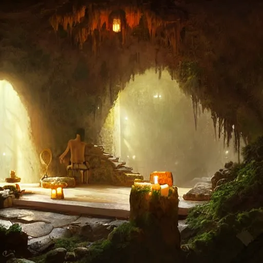 Image similar to cozy bathhouse hidden in a cave, candlelight, towels, cushions, natural light, lush plants and flowers, elegant, intricate, fantasy, atmospheric lighting, digital painting, Greg Rutkowski concept art