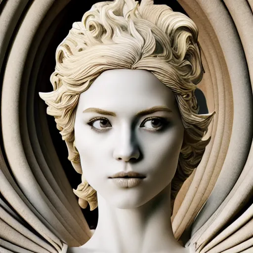 Image similar to a statue made of white marble with gold veins, of an beautiful gorgeous angel girl, full body shot, perfect symmetrical body, perfect symmetrical face, no eyes, hyper realistic, hyper detailed, fujicolor superia 1 6 0 0 photo, by peter kemp, by monia merlo, by michelangelo octane render, blender, 8 k