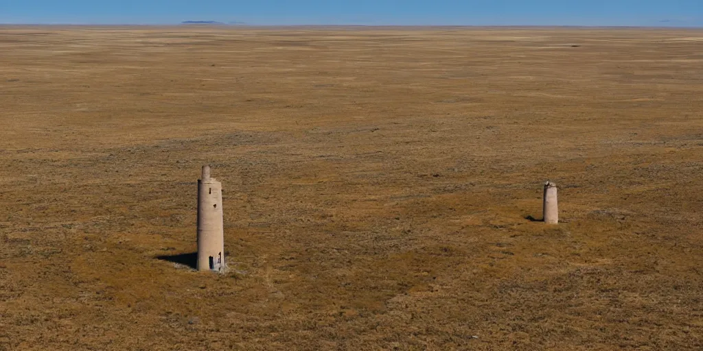 Prompt: a great unknowable tower piercing the ground in a small town on the eurasian steppe