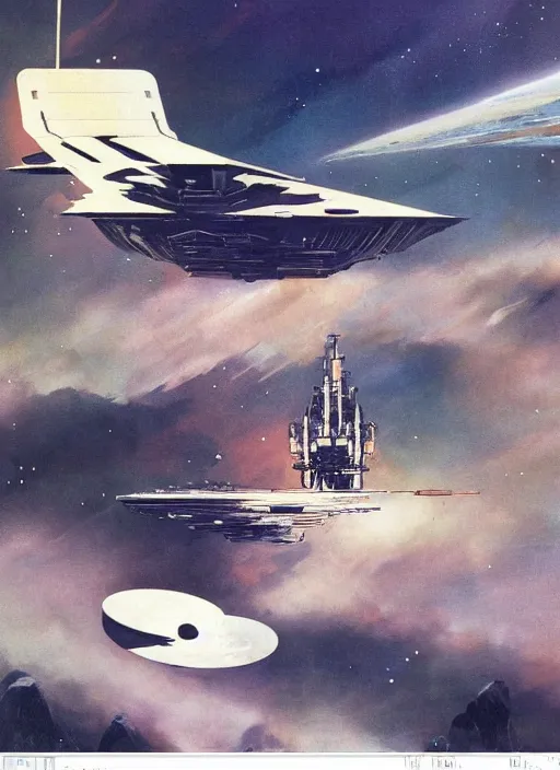 Prompt: understated. distant. negative space dominant. vast. empty. spacious bg. minimalistic piece. simplified environment. lonely cosmos. single ship as main subject. masterpiece book cover illustration by the great famous sci - fi artist john berkey.