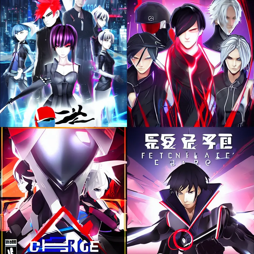 Prompt: front cover of a new video game, style of Mirror\'s Edge, futuristic characters, anime style