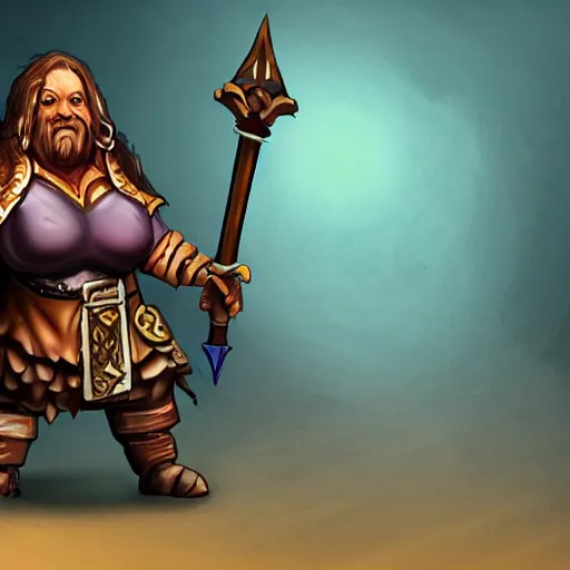 Prompt: Dungeons and dragons character art of a dwarf woman with dark skin and a battleaxe