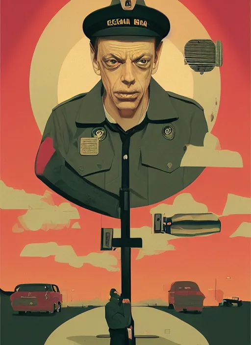 Image similar to poster artwork by Michael Whelan and Tomer Hanuka, Karol Bak of Steve Buscemi the local gas station attendant, from scene from Twin Peaks, clean, simple illustration, nostalgic, domestic, full of details