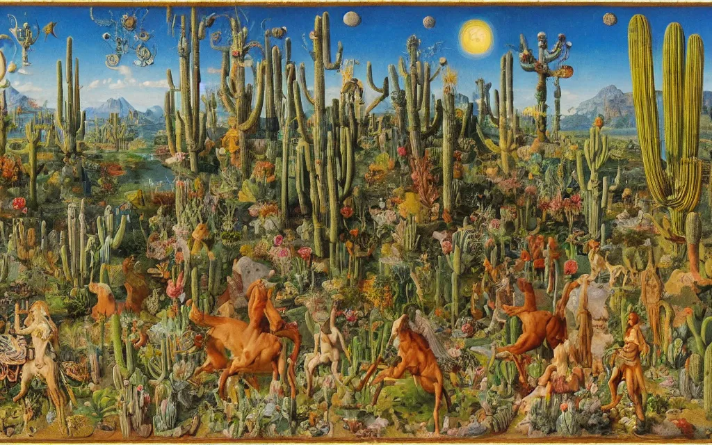 Image similar to landscape with a meditating centaur shaman and a striped werewolf feeding animals. surrounded by bulbous flowers, animals and a few trees and cacti. river delta with cliffs under a blue sky of burning stars. painted by jan van eyck, max ernst, ernst haeckel, ernst fuchs and artgerm, trending on cgsociety, gouache