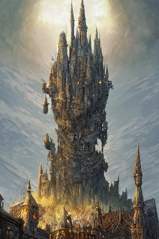 Image similar to a highly detailed magical wizard's tower, elegant, intricate, digital painting by alan lee, dan mumford, craig mullins, andrea rocha, hubert robert, syd mead.