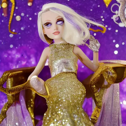 Prompt: Conchur Mac Greagoir with silver-violet hair, white eyes and golden glittery dress, wide lens, diorama, 4k,