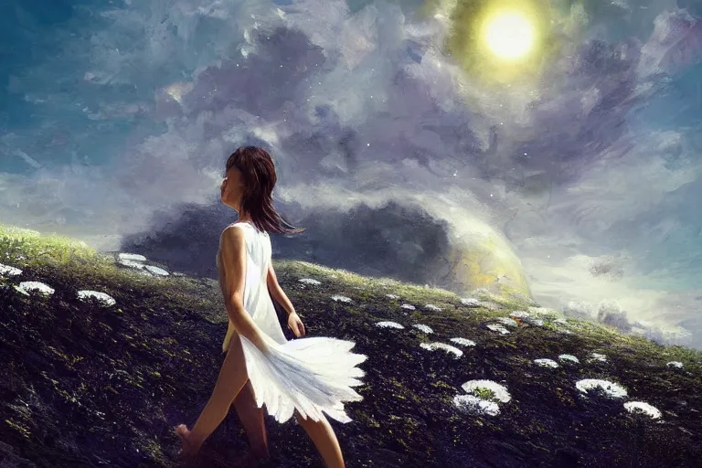 Image similar to giant white daisy flower head, girl walking on cliff, surreal photography, solar eclipse, milky way, dramatic light, impressionist painting, clouds, digital painting, artstation, james gilleard and liam wong and jeremy mann