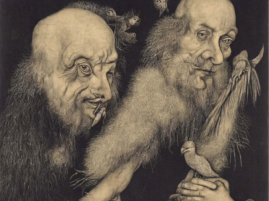 Image similar to Old man with crane bird. Portrait by Lucas Cranach, Roger Ballen