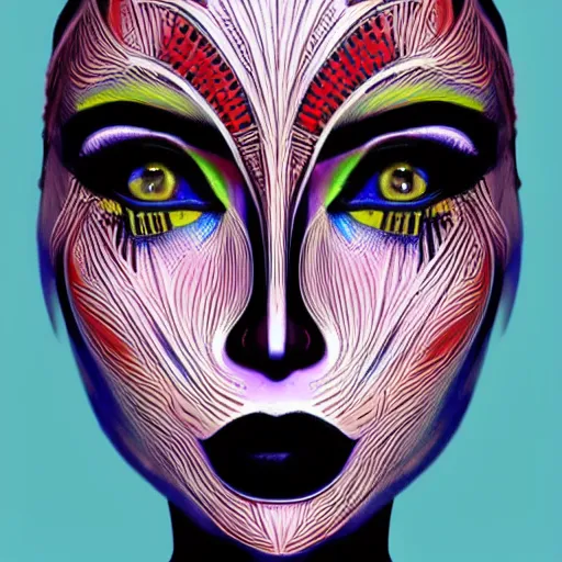 Prompt: A highly stylized digital HD painting of the face of a fembot with makeup, intricate makeup patterns on face