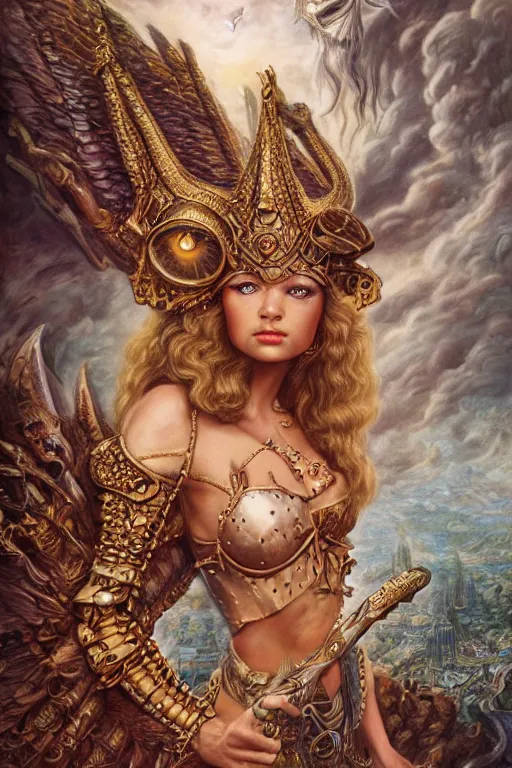 Image similar to Mystical Valkyrie, Portrait of a beautiful female Atlantean Reptilian Warrior, Realistic, Regal, Refined, Detailed Digital Art, Michael Cheval, Walt Disney (1937), François Boucher, Oil Painting, Steampunk, Highly Detailed, Cinematic Lighting, Unreal Engine, 8k, HD