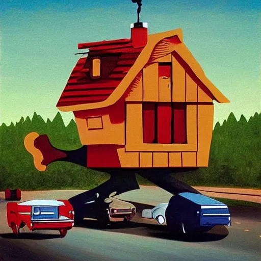 Prompt: Baba Yaga's chicken leg house stuck in traffic, painted in the style of René Magritte.