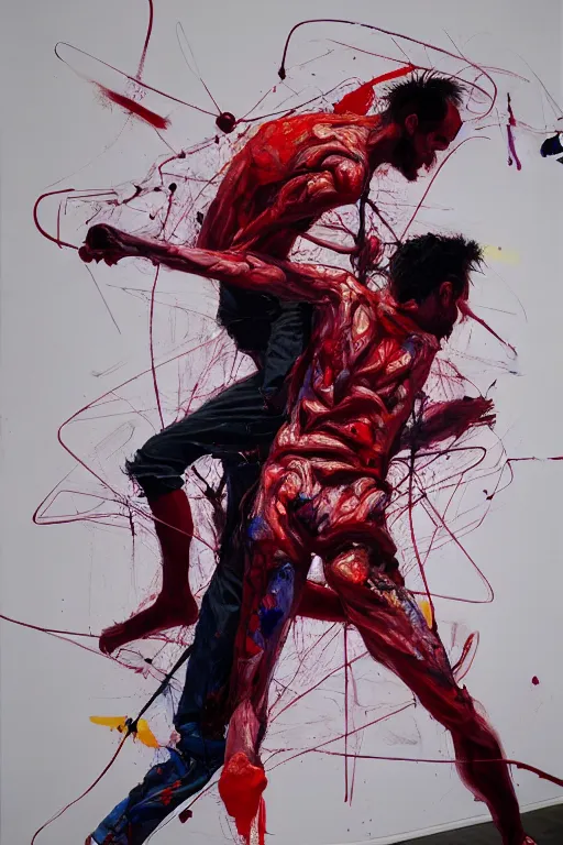 Image similar to bodies entwined in a fight, extremely intricate and detailed, by painted by francis bacon, conor harrington, adrian ghenie, and james jean. 8 k cinematic lighting, hyper realism