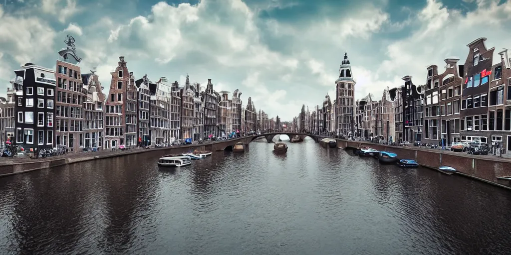 Image similar to futuristic photo of Amsterdam in a sci-fi style, 8K, hyper realistic, very detailed,