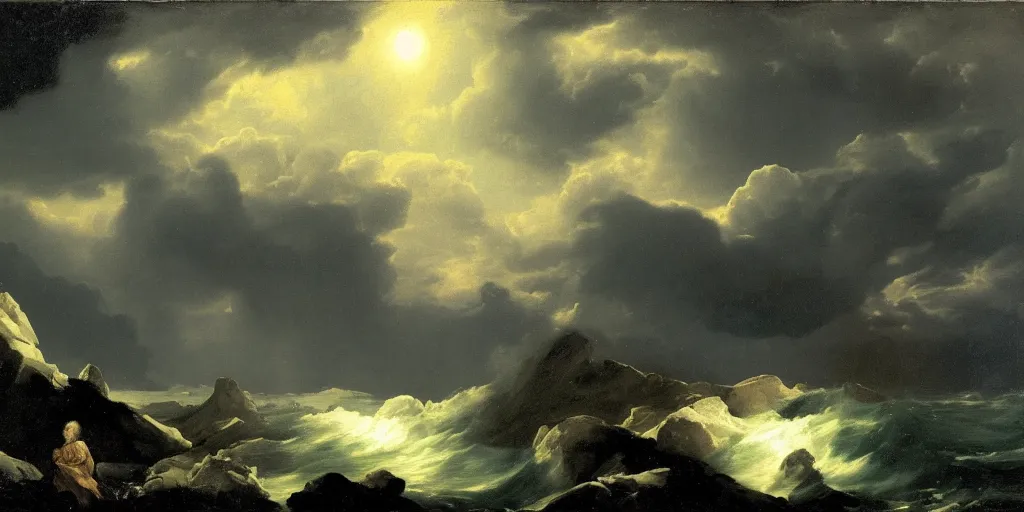 Image similar to a princess, big monster on the horizon, goya the colossus, snowy fjord, storm clouds, dramatic lighting, hudson river school, afternoon