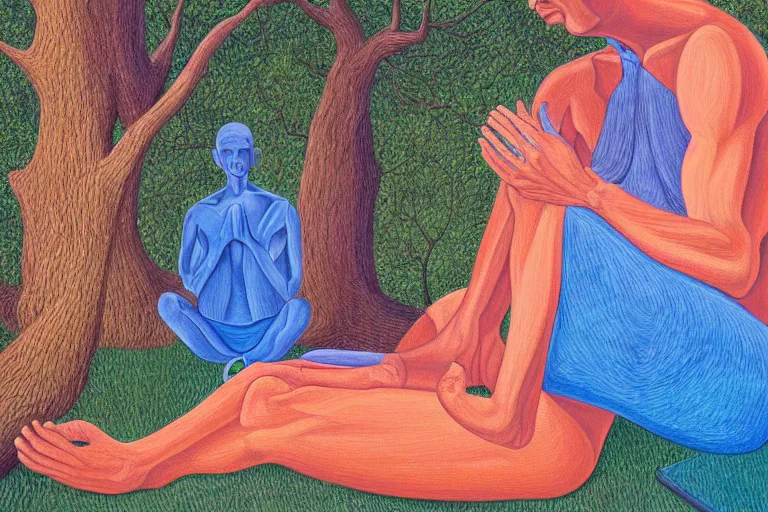 Image similar to painting of a depressed man meditating under a tree by alex grey, acrylic art, sad, soothing, somber, elegant, soft light,