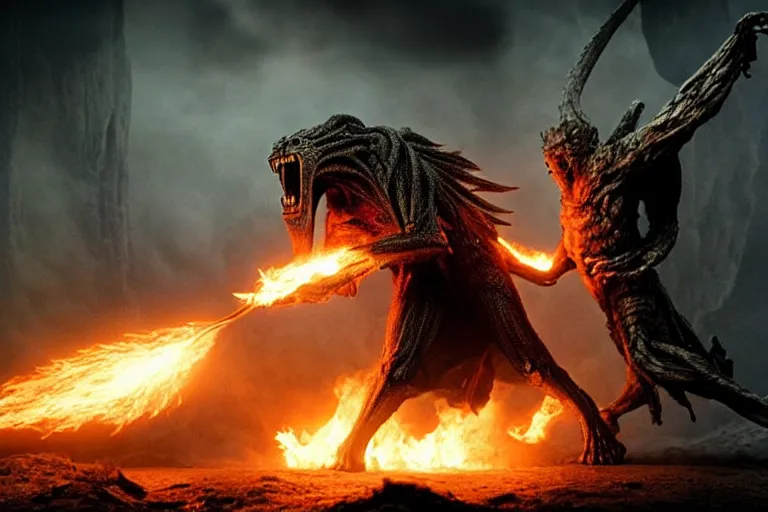 Image similar to movie still, balrog fighting gandalf at the bridge of khazad - dum, style of h. r. giger, fiery, dark, realistic movie still, cinematic, cgi,