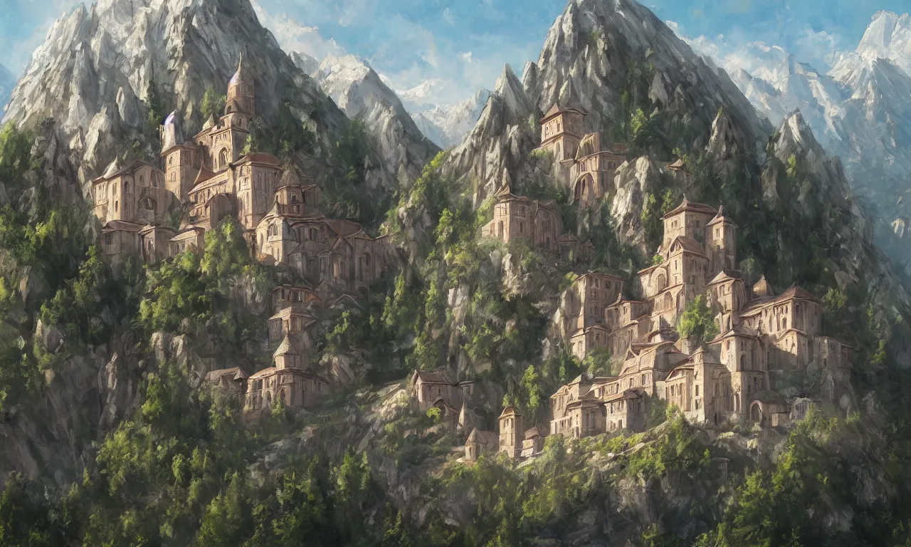 Prompt: a beautiful painting of a monastery engraved in a mountain, art by Randy Vargas, trending on Artstation