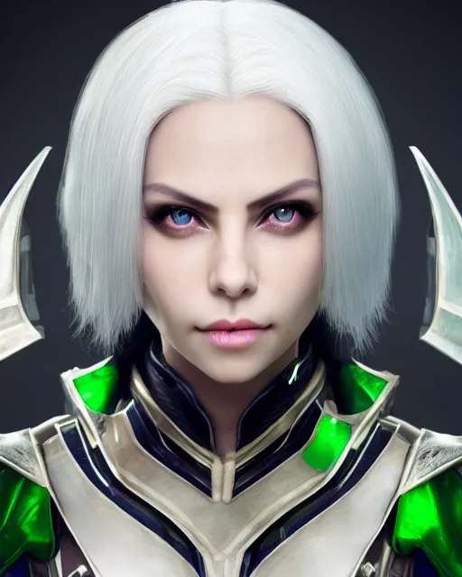 Prompt: perfect white haired attractive egyptian gof, warframe armor, beautiful, symmetric, dreamy, half asian, pretty face, green eyes, charlize theron, detailed, scifi platform, laboratory, experiment, 4 k, ultra realistic, epic lighting, android body, illuminated, cinematic, masterpiece, art by akihito tsukushi, voidstar