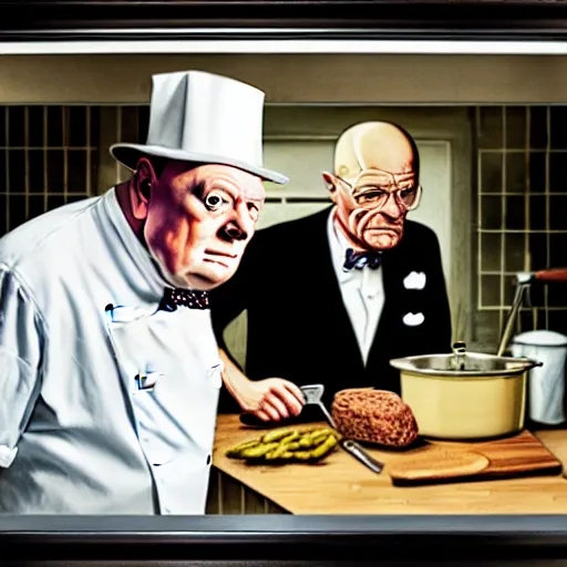 Prompt: Winston Churchill and Walter White cooking in a kitchen, high detail, colors,85mm Sigma Art Lens, in the style of Martin Schoeller