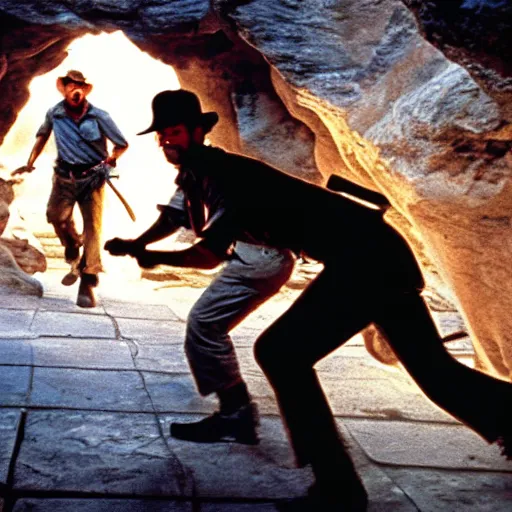 Image similar to indiana jones running away from a construction worker in a cave