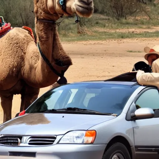 Prompt: camel driving a car