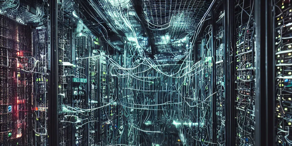 Prompt: a 3 5 mm photo of the interior of dystopian server racks with cables everywhere, 8 k, glowing, atmospheric, cinematic, bokeh, highly detailed, futuristic, wet.