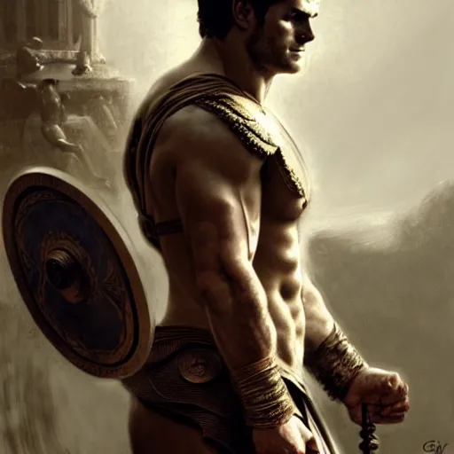 Image similar to henry cavill as a greek gladiator, gorgeous, amazing, muscular, intricate, highly detailed, digital painting, artstation, concept art, sharp focus, illustration, art by greg rutkowski and alphonse mucha