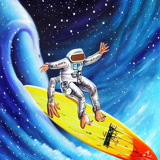 Image similar to surfer in space, intricate detail, airbrush painting, illustration,