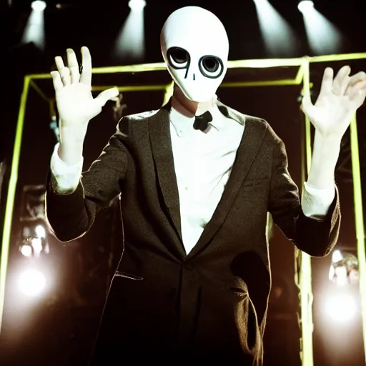 Prompt: slenderman on stage with macklemore, concert, photography, studio lighting,