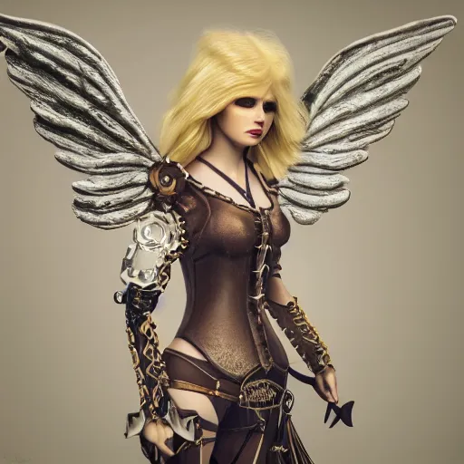 Image similar to pretty blond steampunk angel, 8 k, shallow depth of field, 8 k, ultra high detail, concept art,